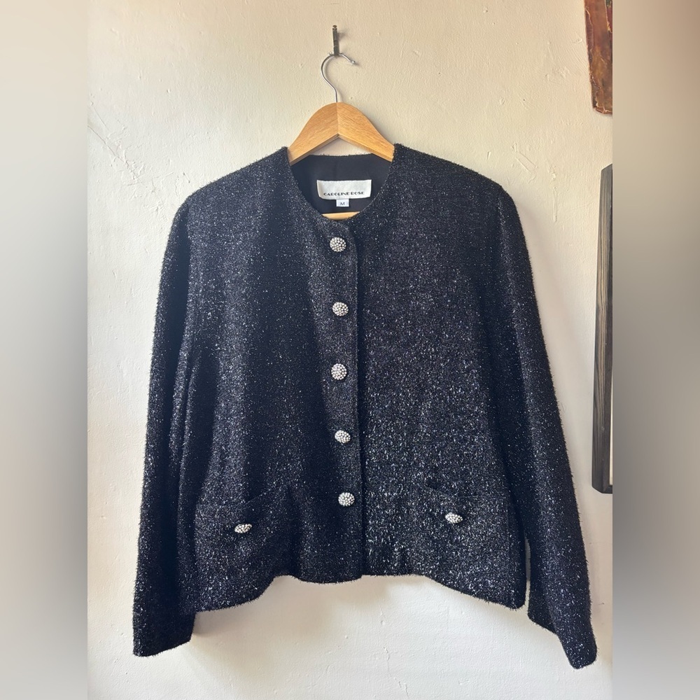 Caroline Rose Black Metallic Rhinestone Button Vintage Style Jacket Size Medium